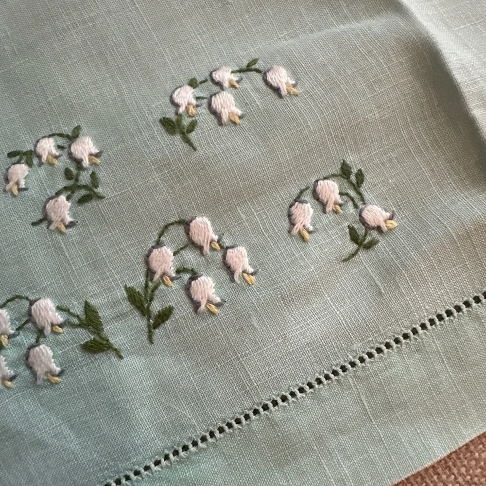 Vintage Hand Embroidered Tea Kitchen Towels Set Of 2 Florals Pastel Linen Blue